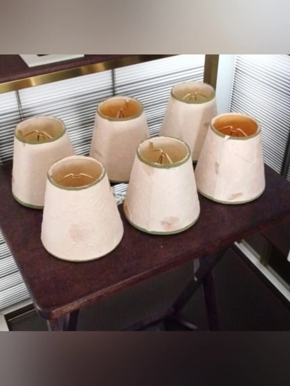 Six cream mini chandelier lampshades w/ green trim